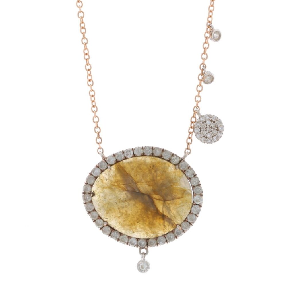 Meira T Labradorite Diamond Halo Pendant Necklace 16" - Rose Gold 14k 925 Oval